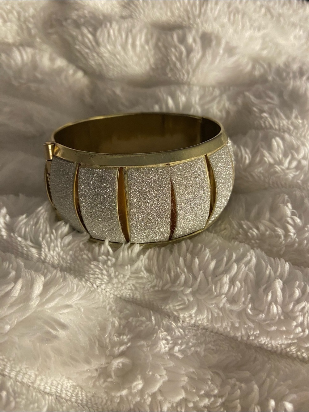 Vintage Gold Tone & Silver Glitter Hinged Cuff Bracelet Wide Statement